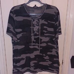 Lucky Brand Black and Gray Camouflage Lace-Up Tee